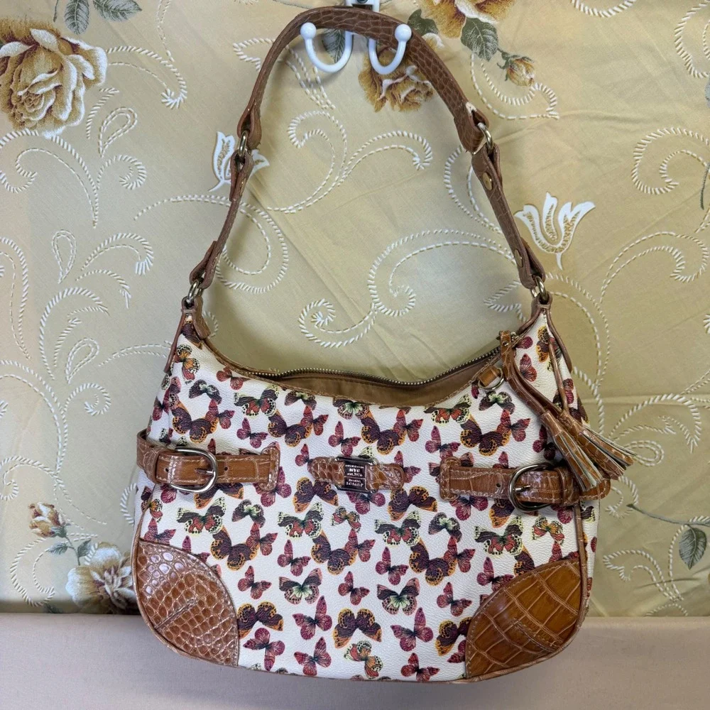 Liz Claiborne Vintage Butterfly Print Hobo Bag Croc Embossed Trim LC-1441-P